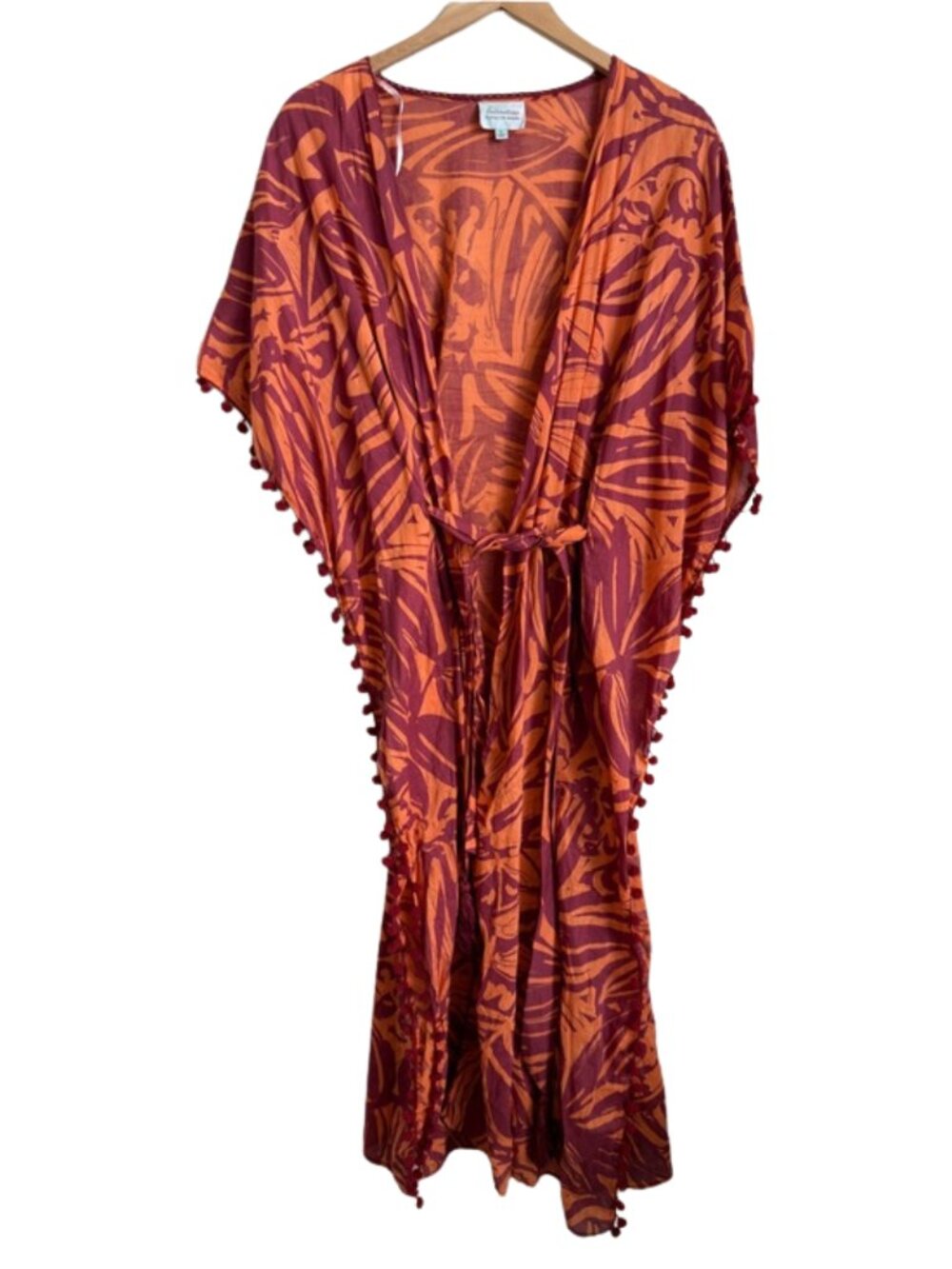 Kaftan Cover Up Small Orange Burgundy Tropical Pom Pom Boho True Destinations